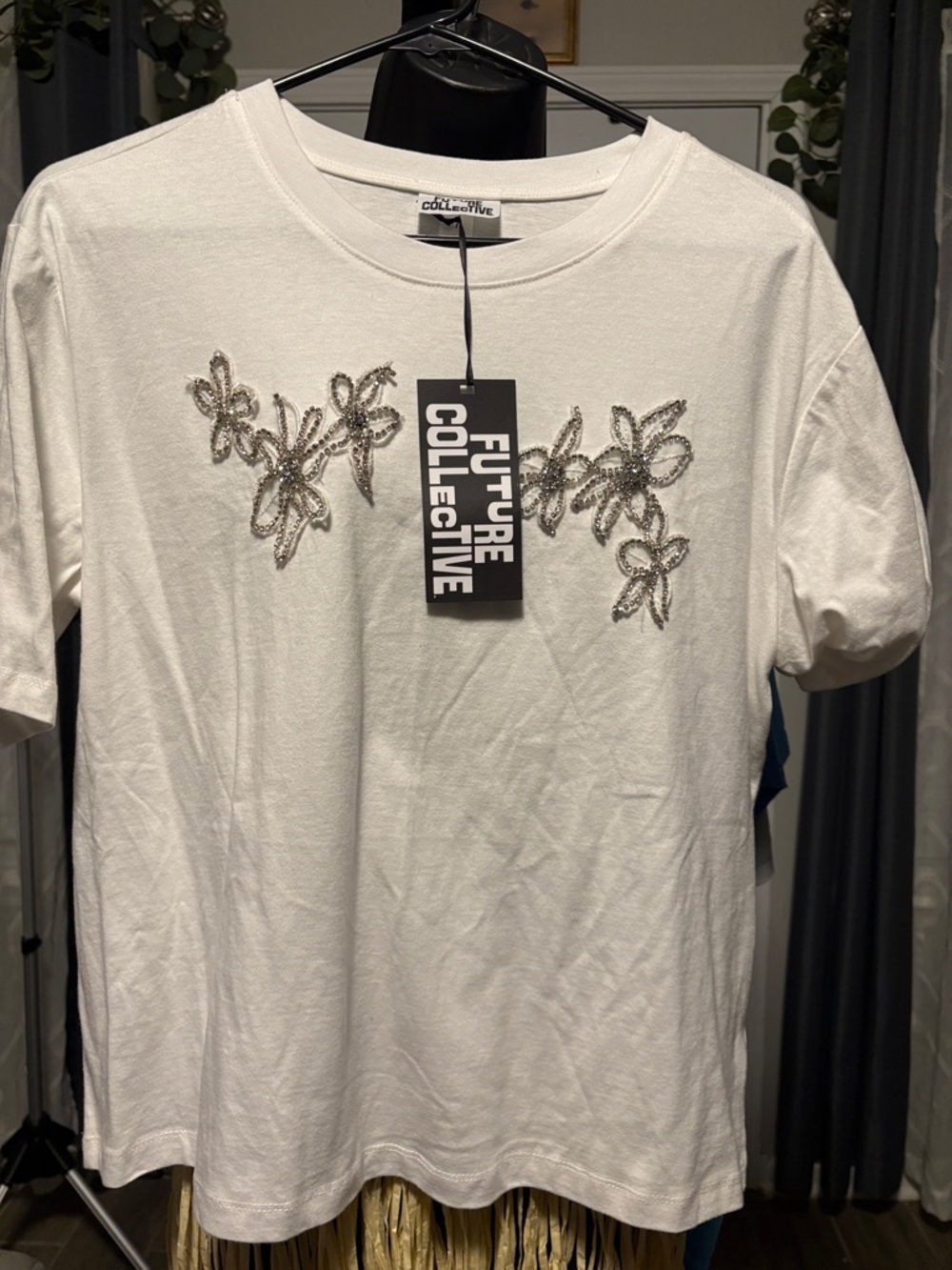 Future Collective White Tee with Beaded Floral Appliqué